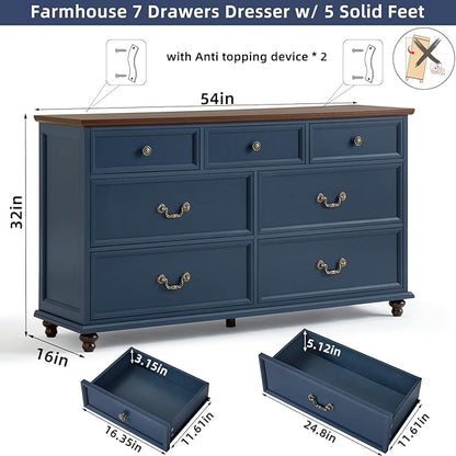 Farmhouse Dresser and Nightstand Sets, Wood 54" Wide Dresser & 24" Night Stand with Charging Station, 2 Piece Bedroom Furniture Set, Chest of Drawers for Bedroom, Home, Living Room, Hallway