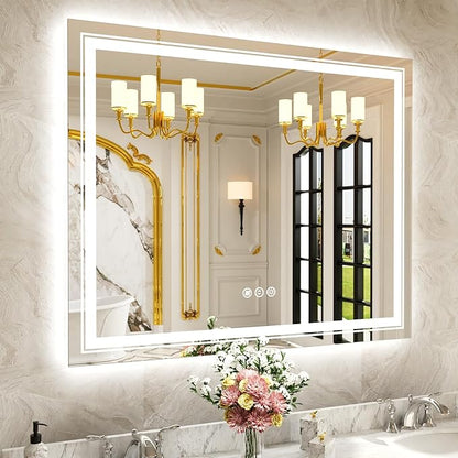 WTTY 48"x40" LED Bathroom Mirror with Lights, Front Lighted Bathroom Vanity Mirrors for Wall, Anti-Fog, Dimmable Wall Mirrors for Bathroom, Memory, Shatter-Proof, Double LED Vanity Mirror