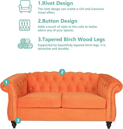 2 Piece Living Room Furniture Set, Velvet Loveseat and Chair Set, Mid Century Modern Upholstered Sofa Couch with Cushions, Comfy Tufted Chesterfield Couches for Living Room, Bedroom, Office