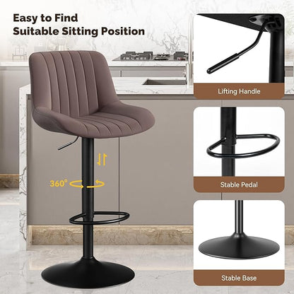 Nalupatio Bar Stools Set of 2, Adjustable Modern Swivel Bar Stools with Backs, Counter Height Performance Fabric Island Chairs for Home Kitchen, Dark Brown