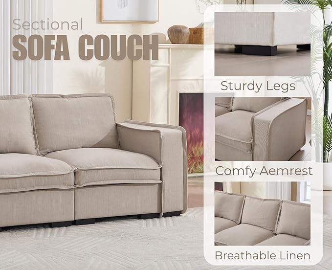 EALSON 93" Modular Sectional Sofa Comfy Cloud Couch with Ottoman Modern Convertible L Shape Couches with Wooden Legs Linen Deep Seat Couch 4-Seater Sofa for Living Room/Apartment, Oatmeal
