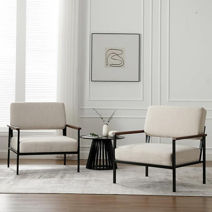 Set of 2 Mid Century Modern Accent Chair Arm Chairs, Comfy Armchair Linen Upholstered with Black Metal, Beige