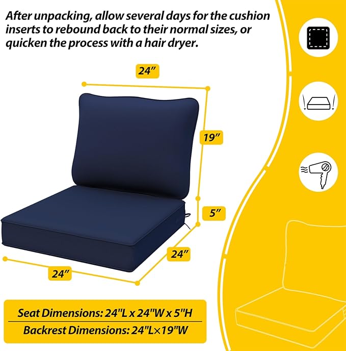 AAAAAcessories Outdoor Deep Seat Cushions, Waterproof, Fade-Resistant Patio Furniture Replacement Cushions, 24" x 24" x 5", Set of 2, Blue