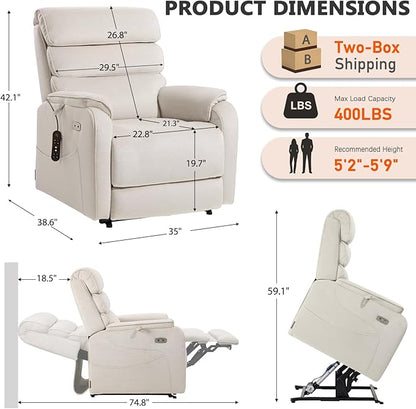 EONIX Dual Motor Lay Flat Power Lift Recliner Chair for Elderly, Chenille Fabric Electric Lift Chairs for Adults, 400lbs Heavy Duty Power Recliner with Heat Massage Charging Ports, Chenille White