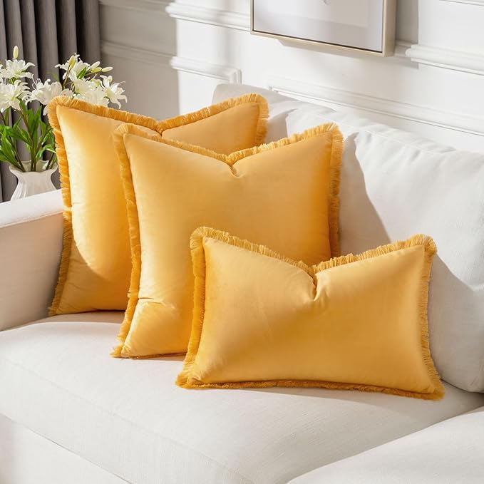 FUTEI Orange Velvet Decorative Throw Pillow Covers 18x18 Set of 2,Soft Cozy Edge with Tassels Cushion Case,Boho Modern Home Decor for Couch Bed Living Room
