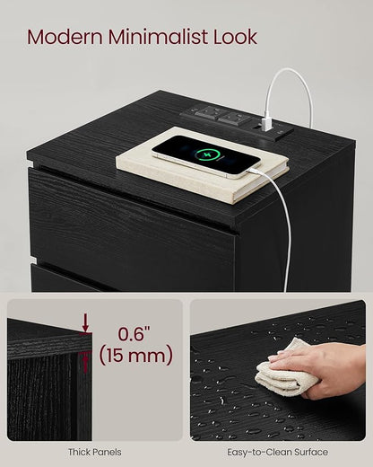 VASAGLE Nightstands with Charging Station, Set of 2, AC Outlets and USB Ports, Bedside Tables, Side Tables with 3 Drawers, Modern Style, 13.8 x 15.7 x 23.2 Inches, Ebony Black ULET731B58
