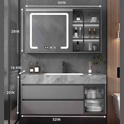 Gray 32IN Modern Bathroom Vanity - Wall-Mounted Bathroom Storage Cabinet & Bathroom Vanity with Sink, Bathroom Medicine Cabinet Wall Mounted, Defogging & Led Lighting | Bathroom Cabinet Slim