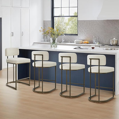 26" H Counter Height Bar Stools Set of 3, Modern Linen Fabric Upholstered Barstools with Backrest for Kitchen Island, Gold Metal Frames, Linen