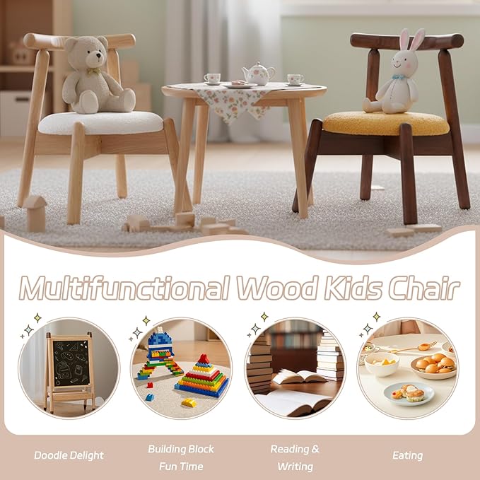 DAYAURS Toddler Chair Comfy Sherpa Kid Chairs, Armless Reading Chair for Kids Bedroom, Boys Girls Desk Chairs for Ages 2-5, Solid Wooden Stool Kids Furniture for Playroom/Preschool/Nursery, Yellow