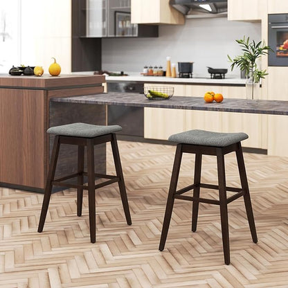 COSTWAY Swivel Bar Stools Set of 2, 30-inch Height Backless Upholstered Chairs with Padded Contoured Seat, Rubber Wood Legs, Footrest, Linen Fabric Barstools for Kitchen Counter Island, Grey+Brown