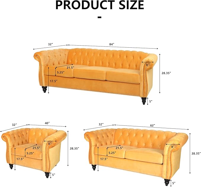 Velvet Sofa Couches Set, 3-Piece Mid Century Modern Upholstered Couch with Cushions, Home Sofa Sectional Furniture Sets, Comfy Tufted Chesterfield Couches for Living Room, Bedroom, Office