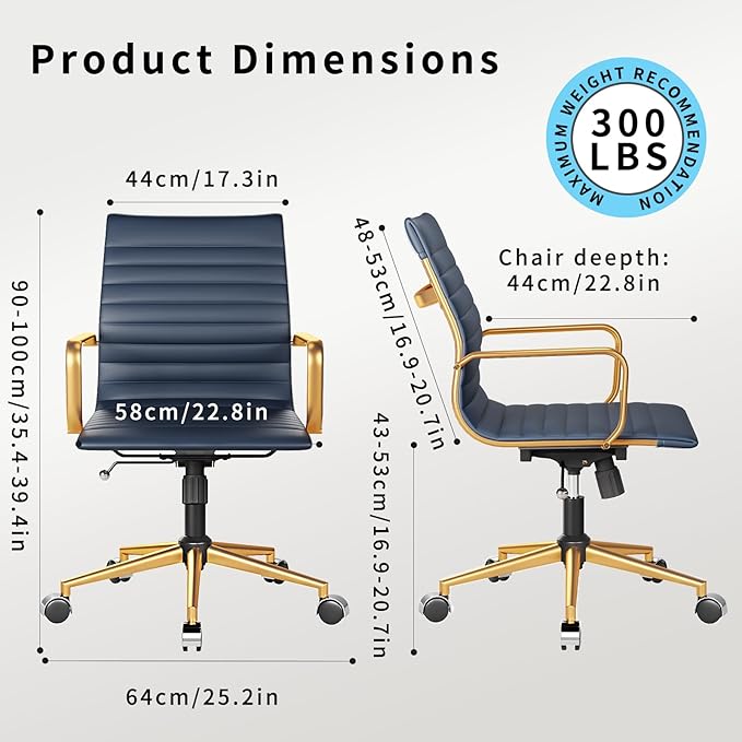 Executive Desk Chair Ergonomic Swivel Office Chair with Armrests and Wheels Heavy Duty Chair for Home Office Comfortable Wide Seat for Women and Men ，Gold Navy