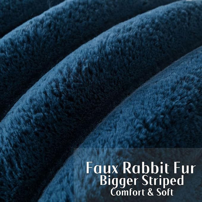 FUTEI Navy Blue Decorative Throw Pillow Covers 16x16 Inch Set of 2, Square Soft Faux Rabbit Fur Thick Striped Cushion Cover,Winter Home Decor for Couch Bed Living Room