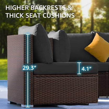 NICESOUL 7 Piece Large Size Outdoor Patio Furniture Set with Fire Pit, 29.3'' High Back Deep Seat Sectional Conversation Sets, Heavy Duty Modern Backyard Sitting, Brown Rattan and Dark Grey Cushion