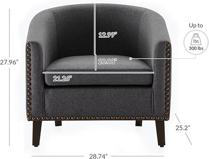BELLEZE Accent Barrel Chair Set of 2, Modern Tub Club Chair Upholstered Armchair with Gold Nail Head Trim and Black Legs for Living Room Bedroom Apartment Lounge - Gray/Linen