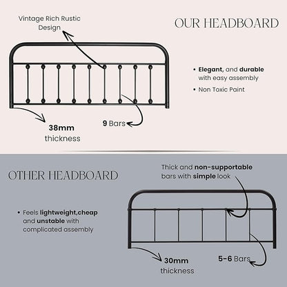 Vintage Metal Headboards, Adjustable Height Iron Frame, Farmhouse Rustic Style, Elegant and Durable Design, Easy Assembly, Universal Fit for Kids & Adults, King Size, Black Finish