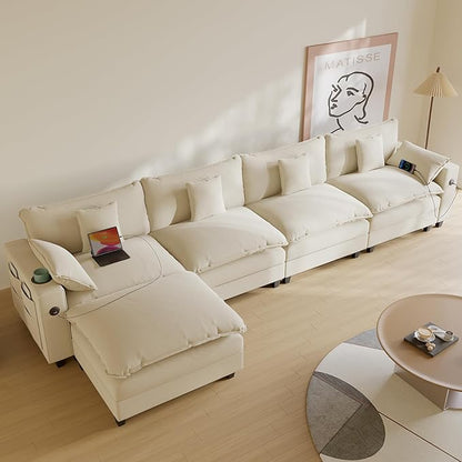 Cloud Couch, Modular Sectional Sofa with Ottoman, Charging Station, Throw Pillows, Cup Holders, Modern Convertible L Shaped Couches for Living Room, Bedroom (White, 152"- L Shape)