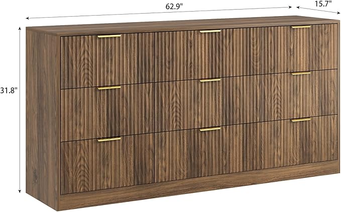 3-Piece Modern Bedroom Furniture Set, Wide 9-Drawer Dresser & 1-Drawer Nightstands Set of 2, Natural Wood Dresser and Nightstand Sets for Bedroom, Hallway, Walnut