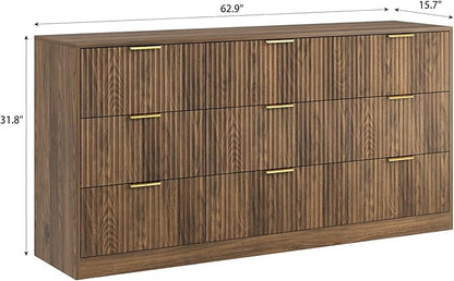 3-Piece Modern Bedroom Furniture Set, Wide 9-Drawer Dresser & 1-Drawer Nightstands Set of 2, Natural Wood Dresser and Nightstand Sets for Bedroom, Hallway, Walnut