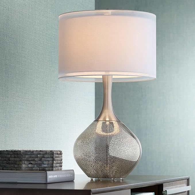 Possini Euro Design Swift Mid Century Modern Table Lamps 30.5" Tall Set of 2 Mercury Glass Chrome Double Sheer Drum Shade Decor Living Room Bedroom House Bedside Nightstand Home Office Entryway