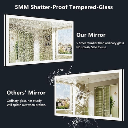 57x36 Inch LED Bathroom Mirror with Lights (Front Lit and Backlit) Black Framed Lighted Vanity Mirror for Bathroom Wall Dimmable Anti-Fog Memory Tempered Glass Horizontal/Vertical