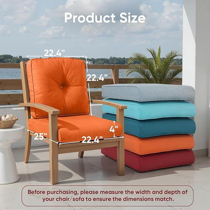 Outdoor Chair Cushion Set, 25 x 22 Deep Seat Cushion, Patio Chair Cushions for Outdoor, Include 1 Seat Cushion and 1 Back Cushion, Orange