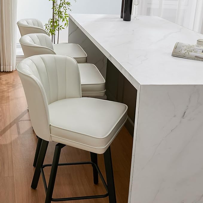 Swivel Counter Height Bar Stools Set of 2, 30'' Modern Barstools with Backs and Metal Legs, Upholstered Bar Chairs, Faux Leather White Stools for Kitchen Island Chairs
