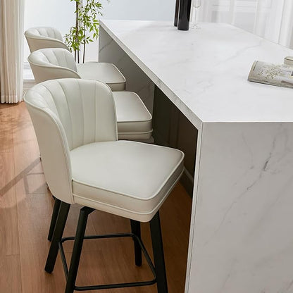 Swivel Counter Height Bar Stools Set of 2, 30'' Modern Barstools with Backs and Metal Legs, Upholstered Bar Chairs, Faux Leather White Stools for Kitchen Island Chairs