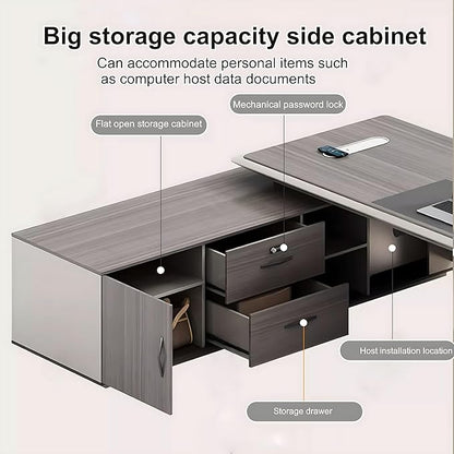 94IN Executive Office Desk - Large Office Desk L Shaped Computer Desk with 2 Drawers & Grille Design | Thickened Countertop & Large Capacity Side Cabinet Storage & Metal Cabinet Handle
