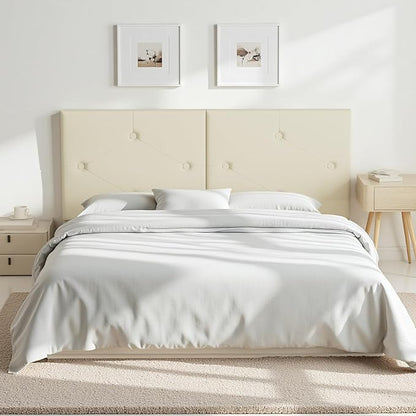Modern Queen Headboard, Upholstered Faux Leather Bed Headboard with Solid Wood & Sturdy Metal Legs, Tufted Adjustable Height Headboards in Button Design, Beige