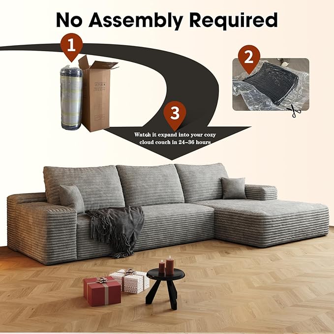 107.5" Cloud Modular Sectional Sofa with L-Shape Chaise, Modern Upholstered Couches for Living Room, Deep Seat Boneless Couch, No Assembly Required, Plush Corduroy Fabric (Grey, Right Facing Chaise)