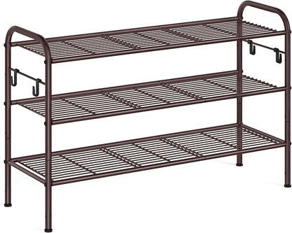 SONGMICS Shoe Rack, 3-Tier Shoe Organizer, Metal Shoe Shelf Storage with 4 Side Hooks, Holds 15 Pairs of Shoes, Height-Adjustable Shoe Rack for Entryway, Hallway, Closet, Easy Assembly, Chestnut Brown