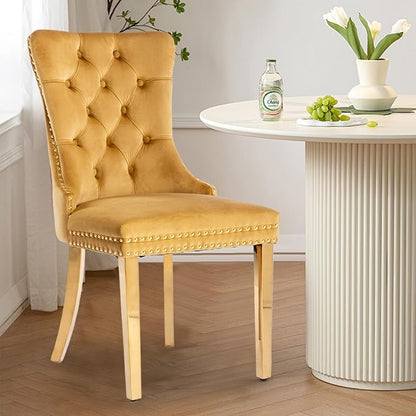 Velvet Upholstered Dining Chairs Set of 2, Modern Style Kitchen Side Chairs with Nailhead Trim and Gold Plated Leg, Metal Pulling Ring for Dining Room Living Room(Gold-Gold Plated Leg)