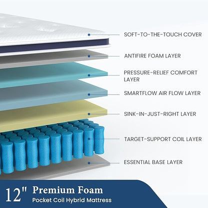 Coolvie King Mattress 12 inch, Tight Top Deep Sleep Mattresses with Extra Lumbar & Hip Support, Medium to Firm Hotel Collection Hybrid Sleep System for Supportive, Breathable Bed in a Box King Size