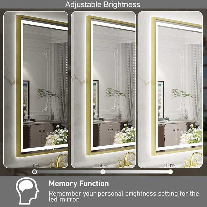 60X40 Inch Led Bathroom Mirror,Frontlit & Backlit Lighted Mirror,Gold Metal Frame Vanity Mirror for Wall,Double Lights Strips,Anti Fog Stepless 3 Colors Temperature & Dimmable