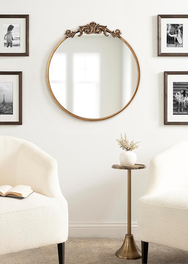 Kate and Laurel Arendahl Ornate Glam Round Mirror; 24 Inch Diameter; Gold; Dramatic Baroque Style Wall Mirror for Vintage Antique Inspired Home Decor Aesthetic