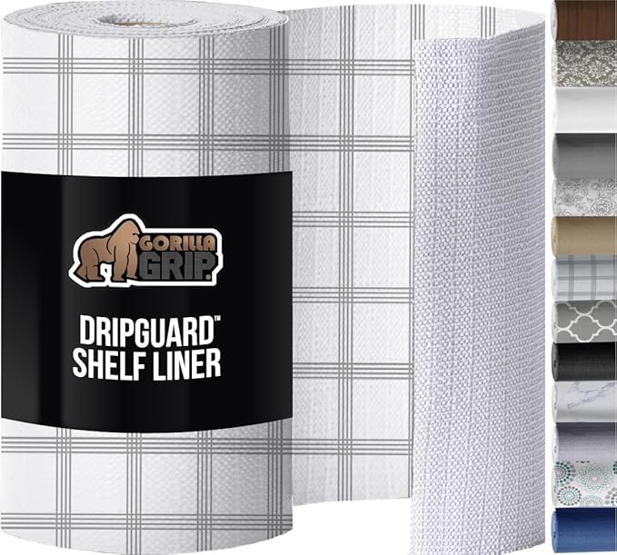 GORILLA GRIP DripGuard Shelf Liner, Non Adhesive Drawer and Kitchen Cabinet Protector, 24x240 Inch, Slip Resistant BPA Free Smooth Surface Plastic Liners for Cabinets, Bathrooms, Closets, Gray White