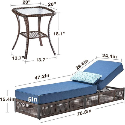 Luxury Outdoor Chaise Lounge Chairs of 2 with 5 Inch Thick Cushions and Side Table - 3 PCS High Back Brown Wicker Patio Recliners Lounger Furniture Set for Poolside Sunbathing - Navy Blue