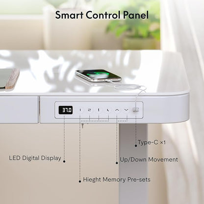 FLEXISPOT Electric Pure Glass Standing Desk with Drawer Desktop & USB Charge Ports, 48" Ergonomic Height Adjustable Sit to Stand Desk for Home Office (White, Glass)