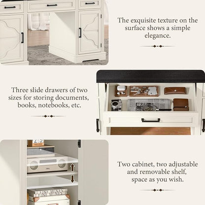 Vabches Computer Desk with File Drawer,Rustic Executive Desk with Drawers Wood Office Desk with Ample Storage Drawers,Farmhouse Large Home Wrting Desk with Drawers for Bedroom,White