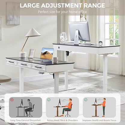 55x22 Inch Electric Standing Desk with One-Piece Desktop, Adjustable Height Computer Desk with 3 Storage Drawers & Power Outlets, Sit to Stand Up, Gaming Table for Home Office and Study, White