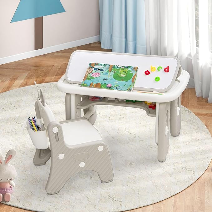 INFANS Kids Table and Chair Set, Activity Table with Magnetic Drawing Board 4 Gears Adjustable Height Bookshelf Watercolor Pens, Toddler Plastic Furniture Table for Playing Reading Eating