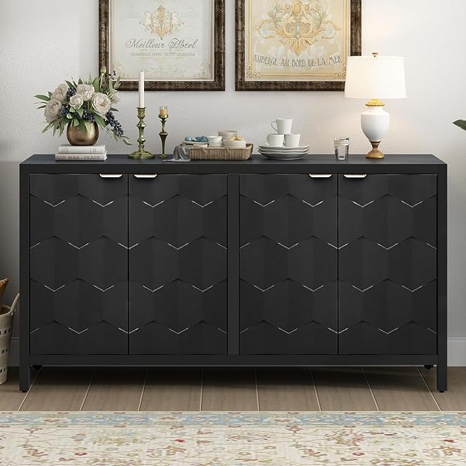 Sideboard Buffet Cabinet with Storage,Wood Modern Sideboard with Honeycomb Patterned Doors,Adjustable Shelves for Living Room Dining Room Kitchen (Black)