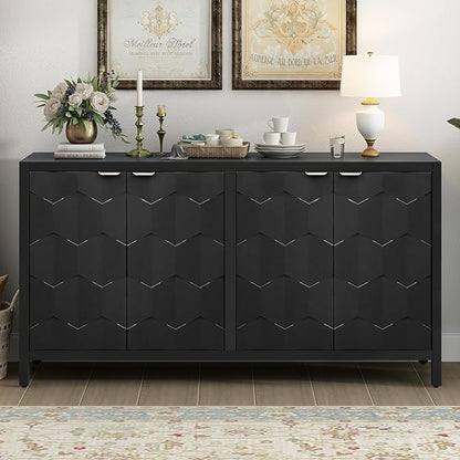 Sideboard Buffet Cabinet with Storage,Wood Modern Sideboard with Honeycomb Patterned Doors,Adjustable Shelves for Living Room Dining Room Kitchen (Black)