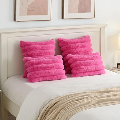 FUTEI Hot Pink Decorative Throw Pillow Covers 22x22 Inch Set of 2, Square Soft Faux Rabbit Fur Thick Striped Cushion Cover,Winter Home Decor for Couch Bed Living Room