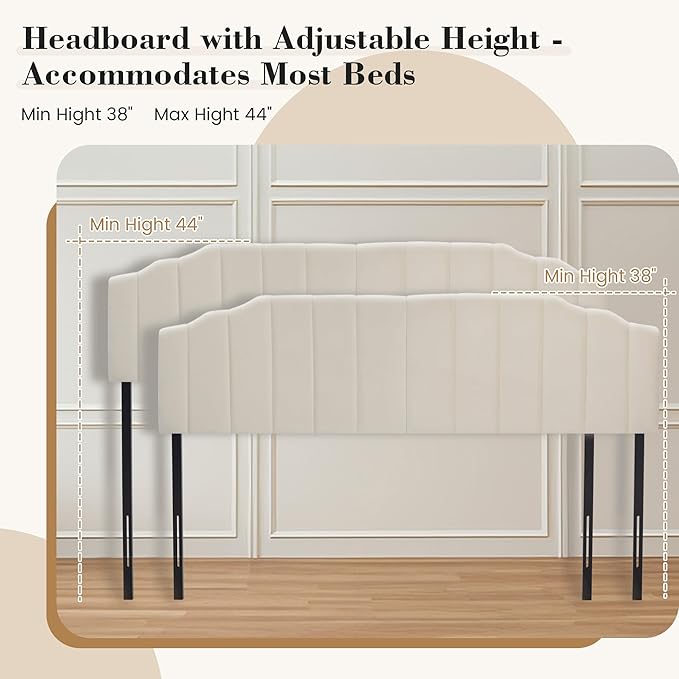 Upholstered Headboard Adjustable Height Queen/King Headboard Cream Velvet Tufted Modern Vertical Channel Design with Stepped Silhouette Top Edge(Beige King)