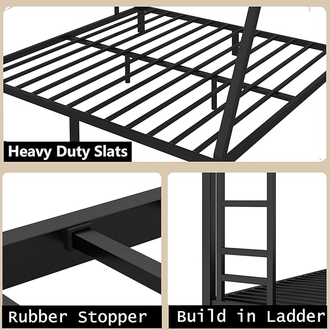 Bellemave Queen Over King Bunk Bed for Adults, Queen Over King Bunk Beds Frame with 2 Side Ladder and Full Length Guardrail, Easy Assemble Bunkbeds, Noise Reduced, Mattress Not Included, Black