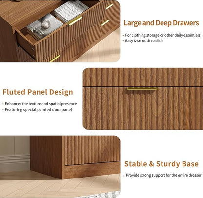 Fluted Dresser for Bedroom with 8 Drawer, 55” Wide Wooden Dresser Mid Century Chest of Drawers w/Gold Handle, Fluted Dressers TV Stand Closet Storage Organizer for Living Room, Natural Oak