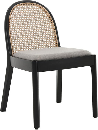 Rattan Dining Chairs Set of 4, Modern Dining Room Chairs with Cane Back Comfy Accent Kitchen Chair Upholstered Linen Fabric Chair for Restaurant/Living Room, Grey