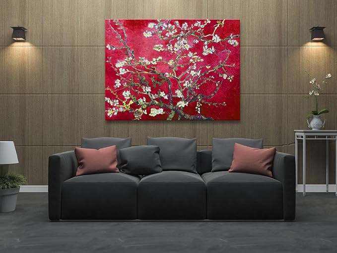 Wieco Art Extra Large Red Almond Blossom Tree Vincent Van Gogh Paintings Reproduction Canvas Prints Wall Art for Home Decor and Wall Decor Classical Flowers Pictures Artwork